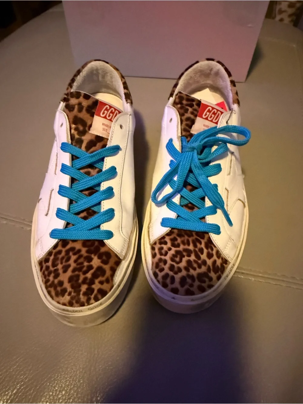Golden Goose Hi Star Leopard Accent Sneakers with Blue Laces